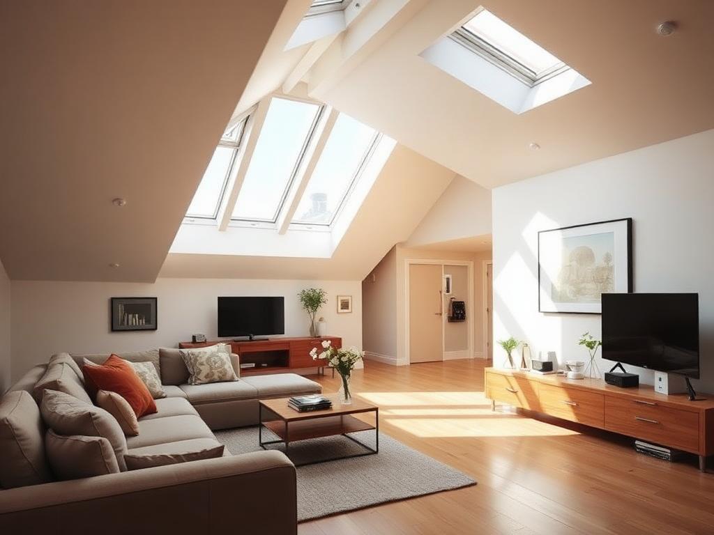 Bright loft conversion living space with roof windows